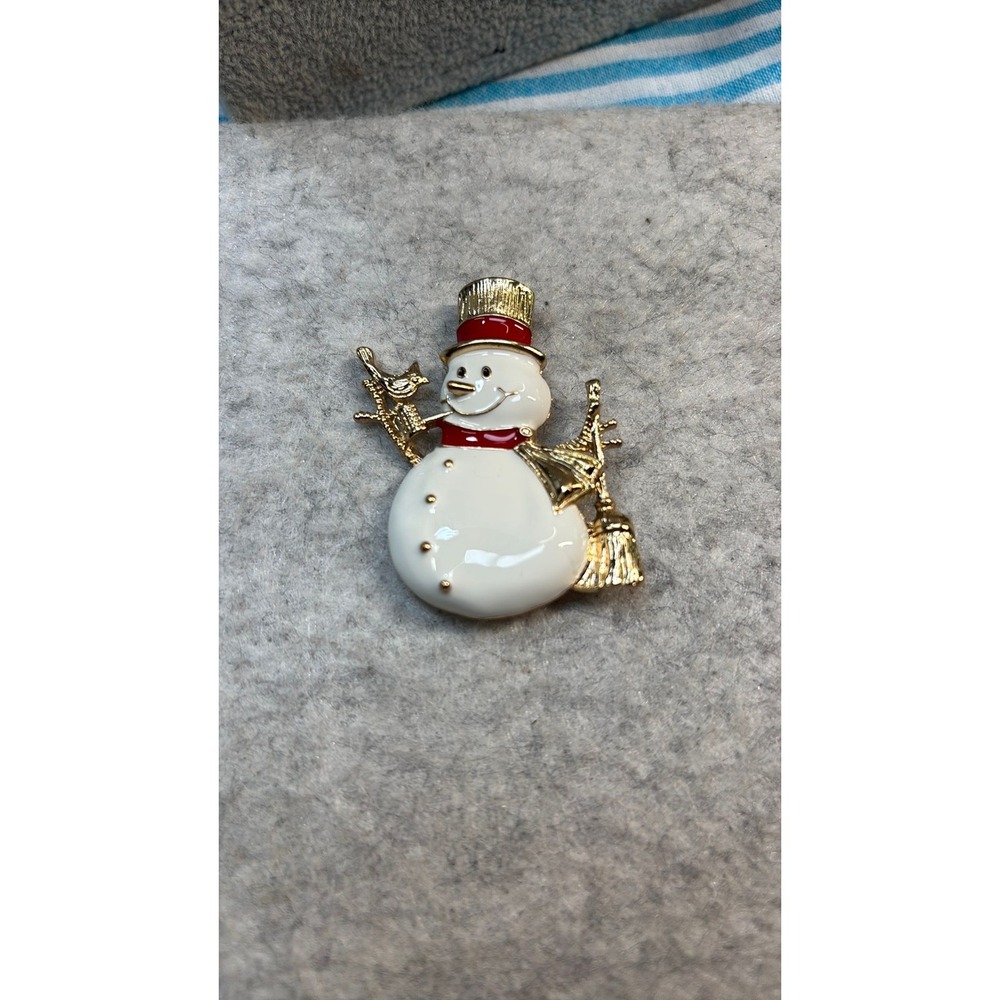 #32. Christmas Snowman Enamel & Gold-Tone Brooch Pin
